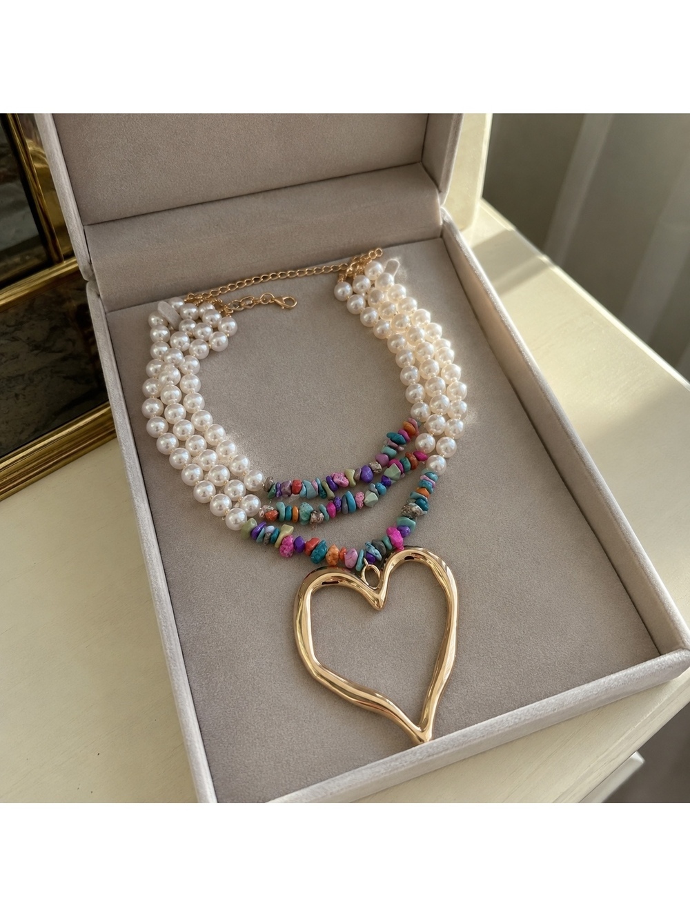 Multi-Strand Boho Pearl & Bead Necklace with Gold Heart Pendant